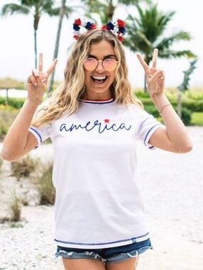MarleyLilly America Script Graphic Ringer Tee - White/Blue/Red Patriotic Party